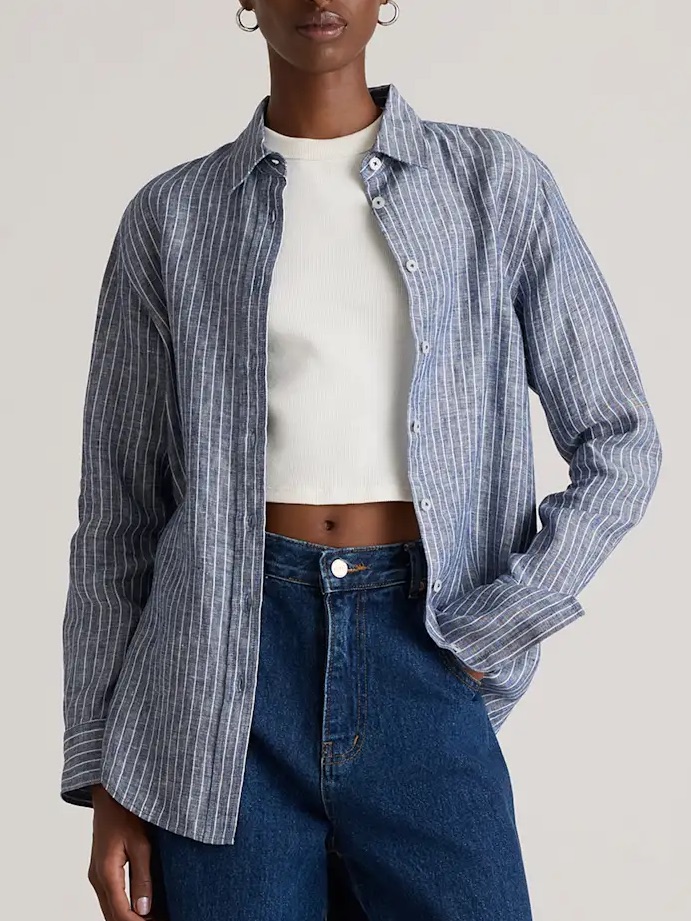 Quince Plus Size 100% European Linen Chambray Stripe Button Down Collared Shirt